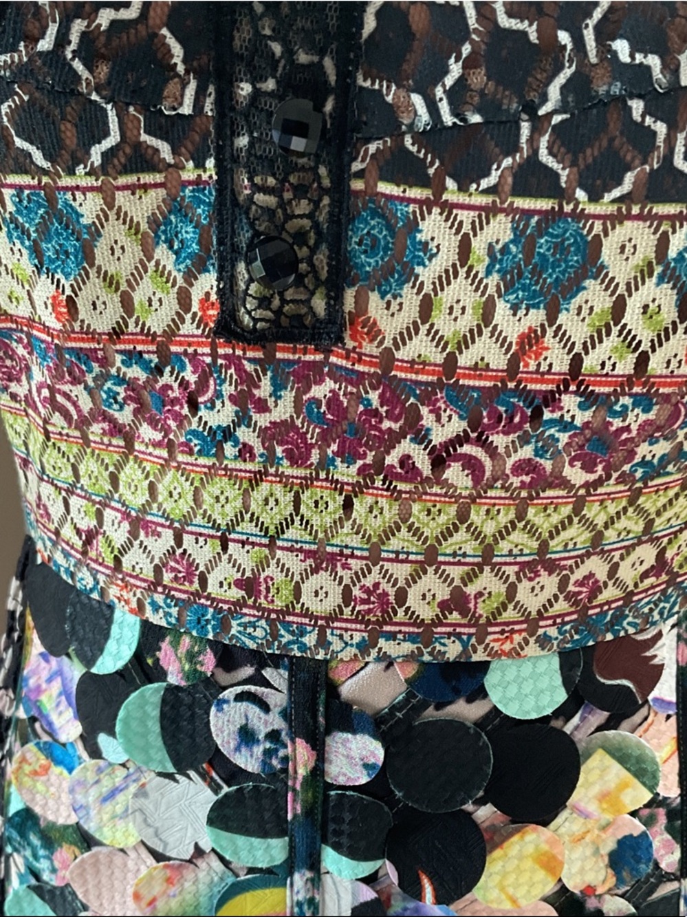 Anthro/Byron Lars Black Floral Patchwork Midi Dress with Teal & Pink Accents - Picture 4 of 13